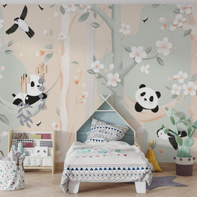 Playful panda and floral wallpaper creating magical kids bedroom atmosphere