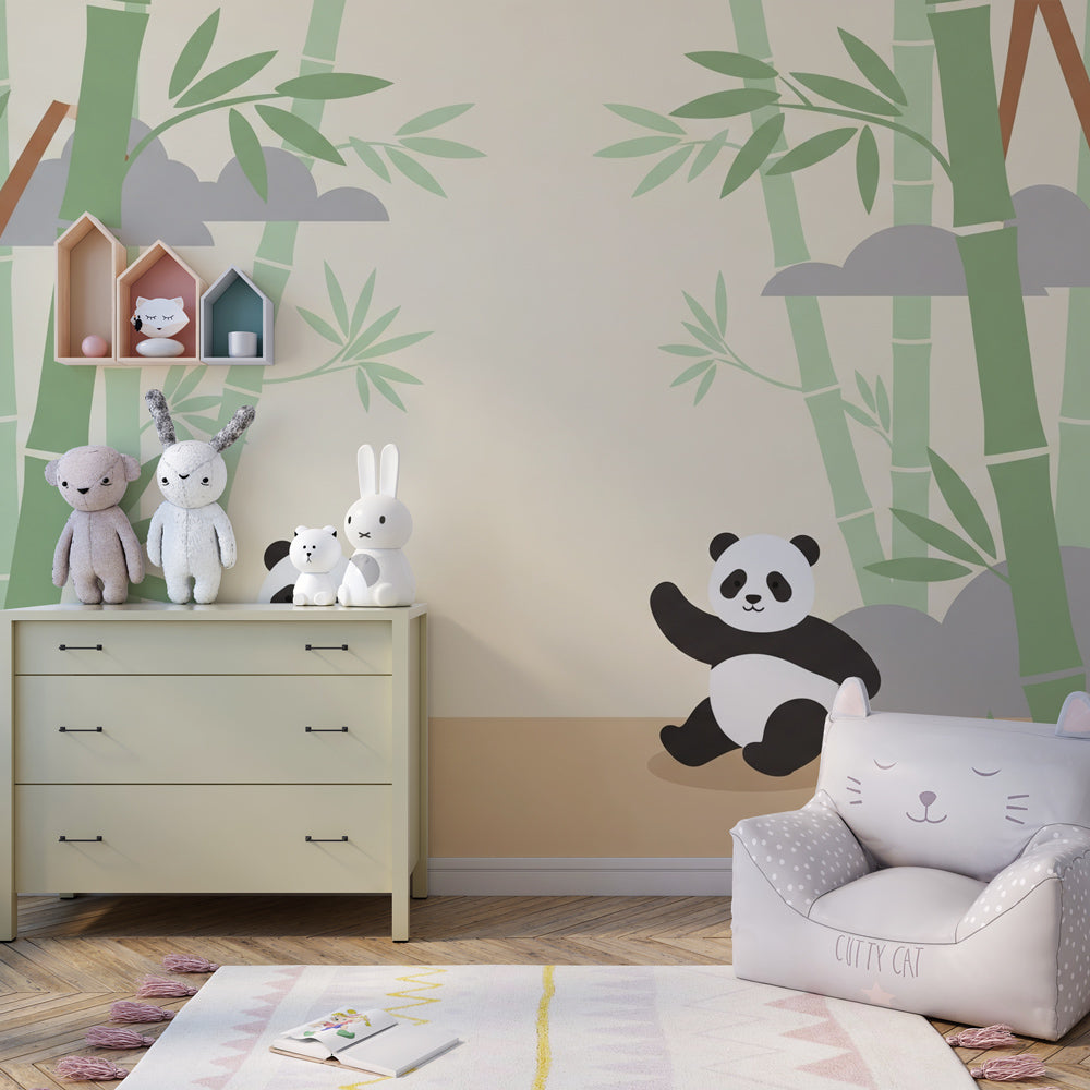 Playful panda wallpaper creating serene kids bedroom with bamboo forest theme