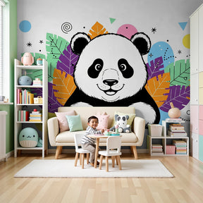 Colorful panda mural wallpaper creating cheerful nursery decor with vibrant leaves by Kids-Mundo