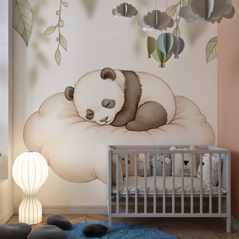 Adorable sleeping panda mural wallpaper in cozy nursery setting with pastel accessories