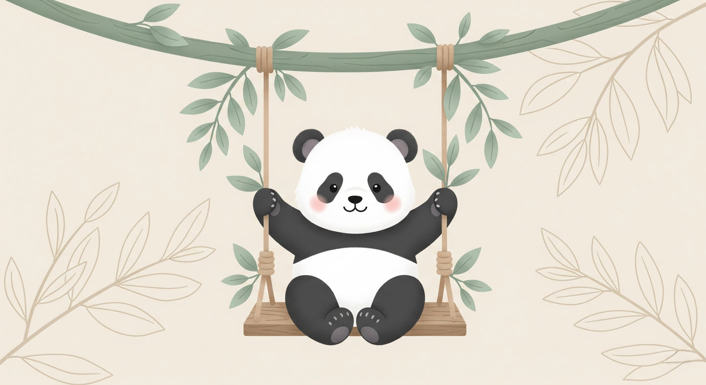 Detailed panda swing mural wallpaper design pattern with green leaves on beige by Kids-Mundo