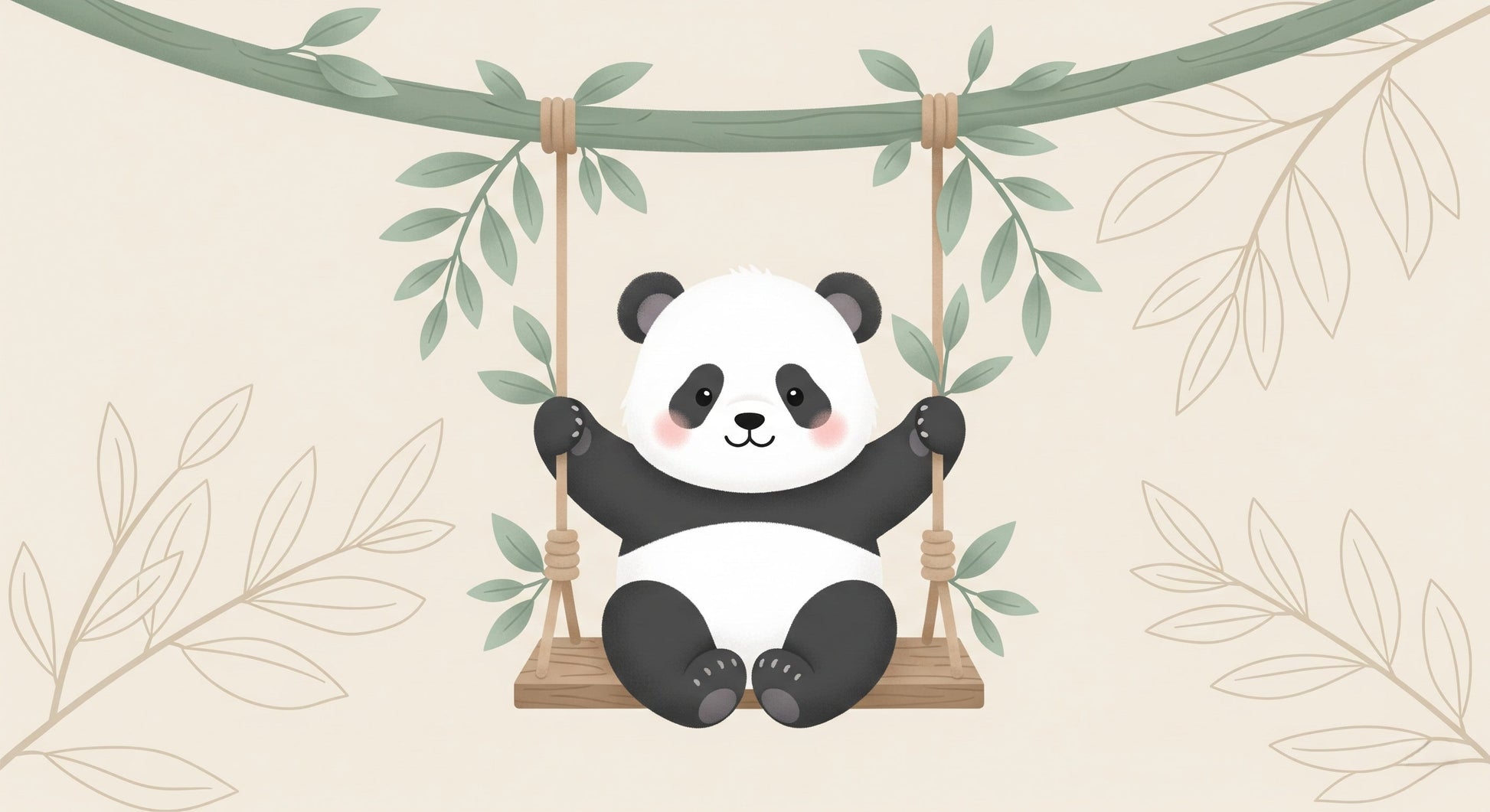 Detailed panda swing mural wallpaper design pattern with green leaves on beige by Kids-Mundo