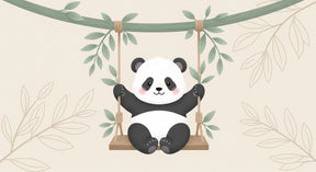 Detailed panda swing mural wallpaper design pattern with green leaves on beige by Kids-Mundo