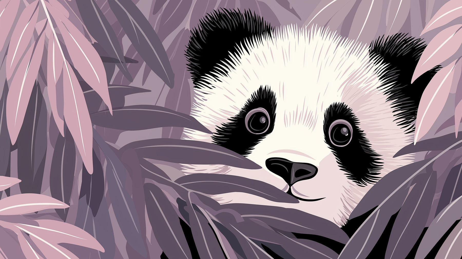 Detailed panda bamboo mural wallpaper design pattern with violet foliage by Kids-Mundo