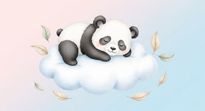 Detailed sleeping panda on cloud mural wallpaper design pattern with floating leaves by Kids-Mundo