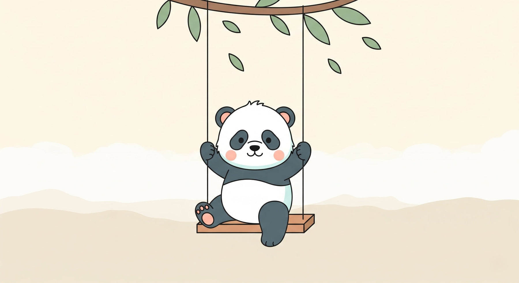 Detailed panda swing mural wallpaper design pattern with beige green tones by Kids-Mundo