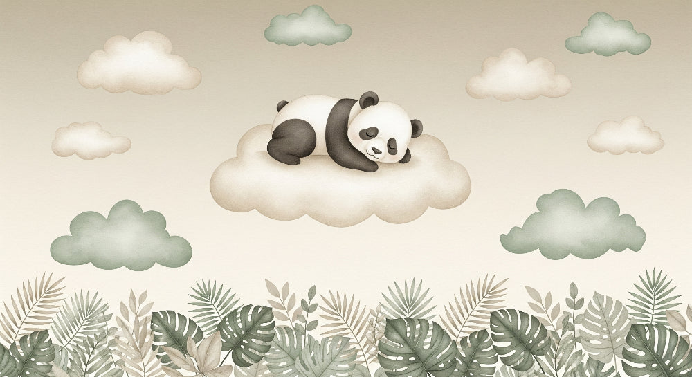 Detailed sleeping panda on cloud mural wallpaper design pattern with foliage by Kids-Mundo