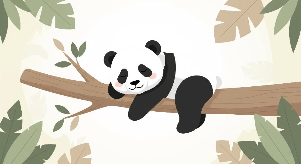 Detailed panda on branch mural wallpaper design pattern with lush foliage by Kids-Mundo