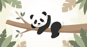 Detailed panda on branch mural wallpaper design pattern with lush foliage by Kids-Mundo