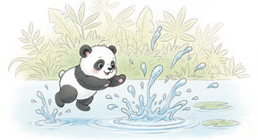 Detailed panda mural wallpaper design pattern showing playful cub splashing in nature setting by Kids-Mundo