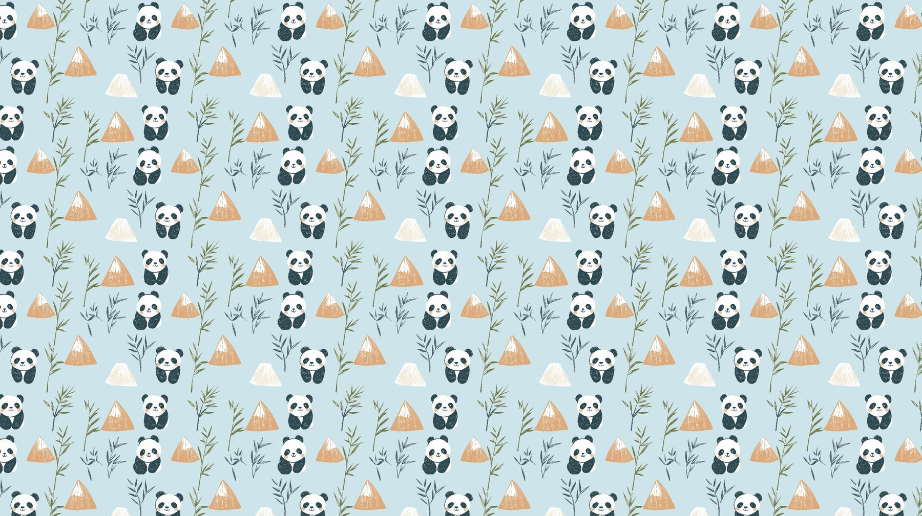 Detailed panda mountain mural wallpaper design pattern with bamboo and blue background by Kids-Mundo