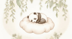 Detailed sleeping panda on cloud mural wallpaper design pattern with suspended leaves by Kids-Mundo