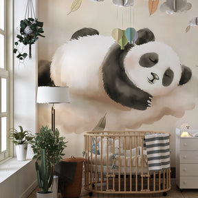 Sleeping panda mural wallpaper transforming nursery into gentle dreamscape for babies