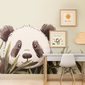 Baby panda mural wallpaper with soothing green leaves in serene nursery setting