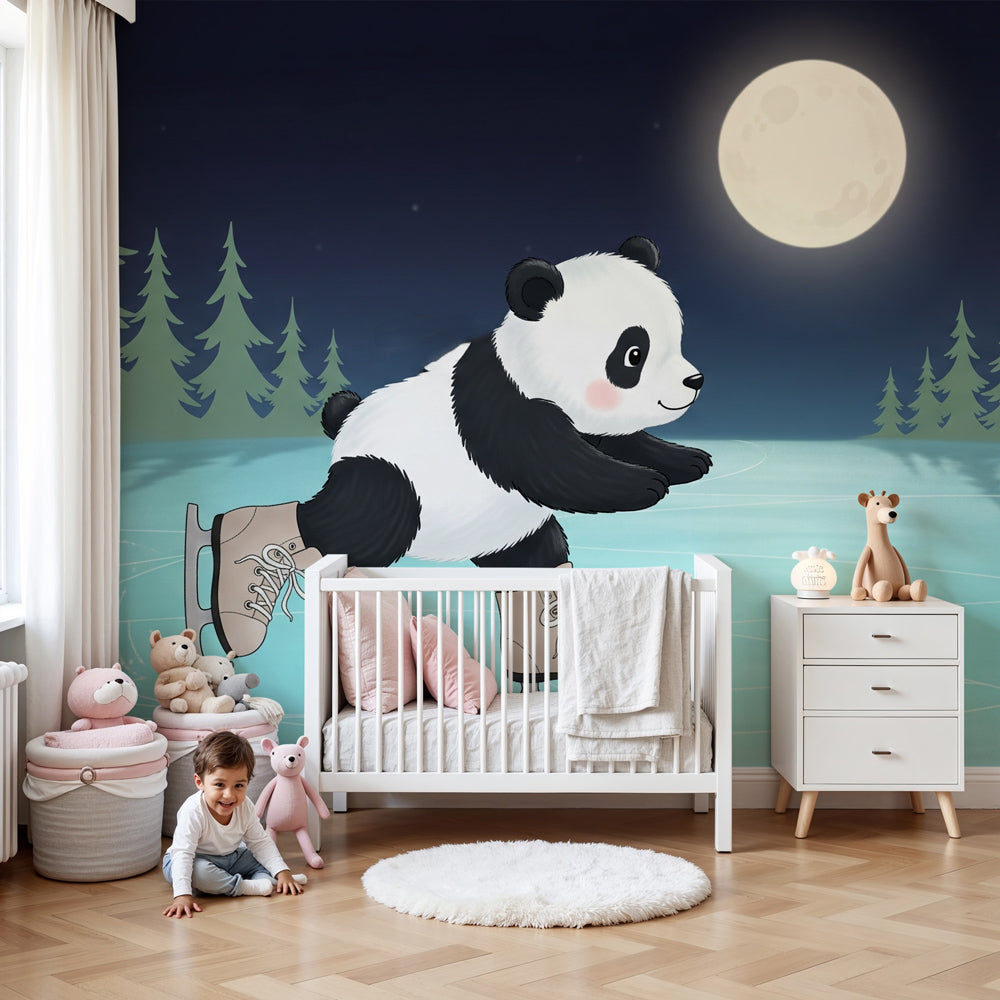 Panda ice skating mural wallpaper in modern children's bedroom with wooden furniture by Kids-Mundo