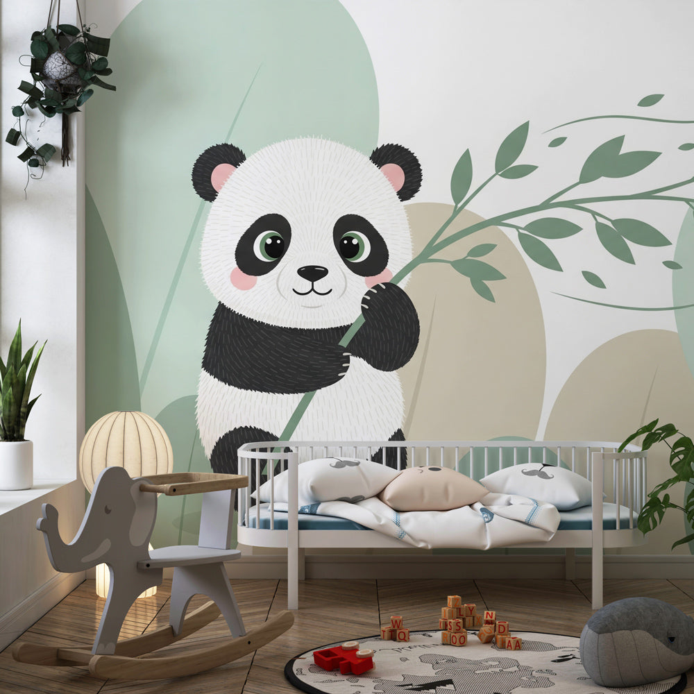 Animal mural wallpaper installation showing panda design in bright kids room setting