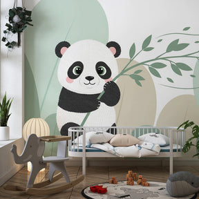 Animal mural wallpaper installation showing panda design in bright kids room setting