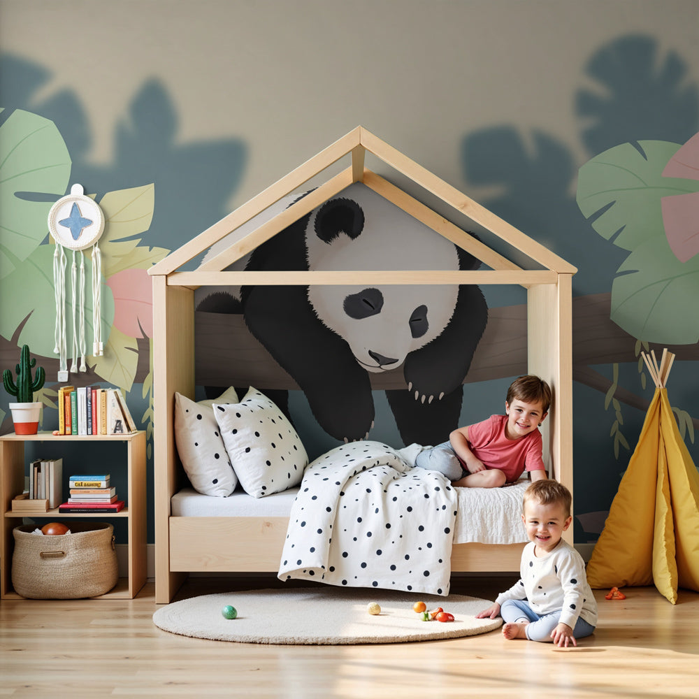Sleepy panda jungle mural wallpaper in modern nursery with natural wood furniture by Kids-Mundo