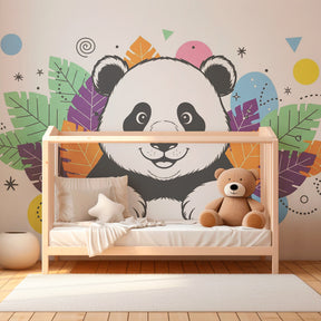 Playful panda wallpaper transforming modern kids bedroom with colorful leaf design