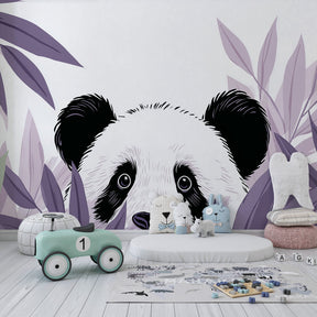 Panda animal wallpaper transforming children's bedroom into nature sanctuary with botanical elements
