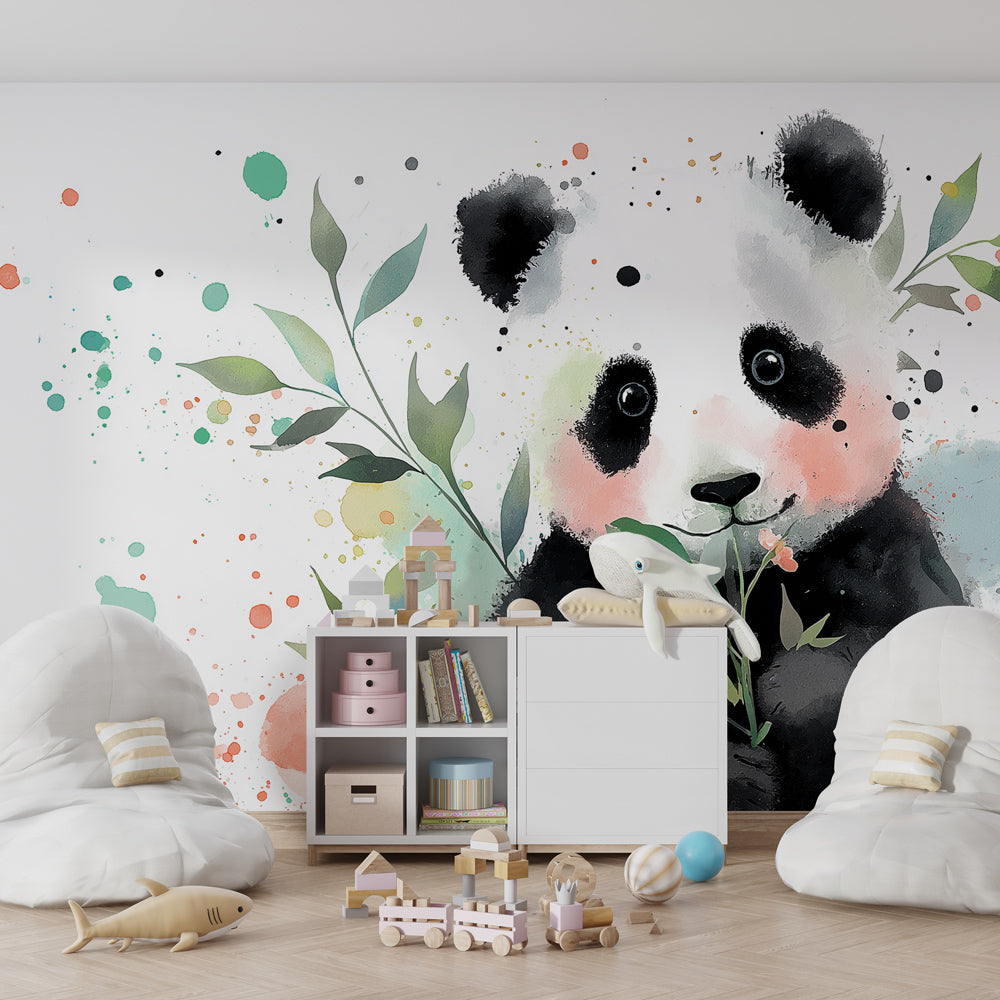 Watercolor panda wallpaper transforming children's bedroom into magical woodland space by Kids-Mundo