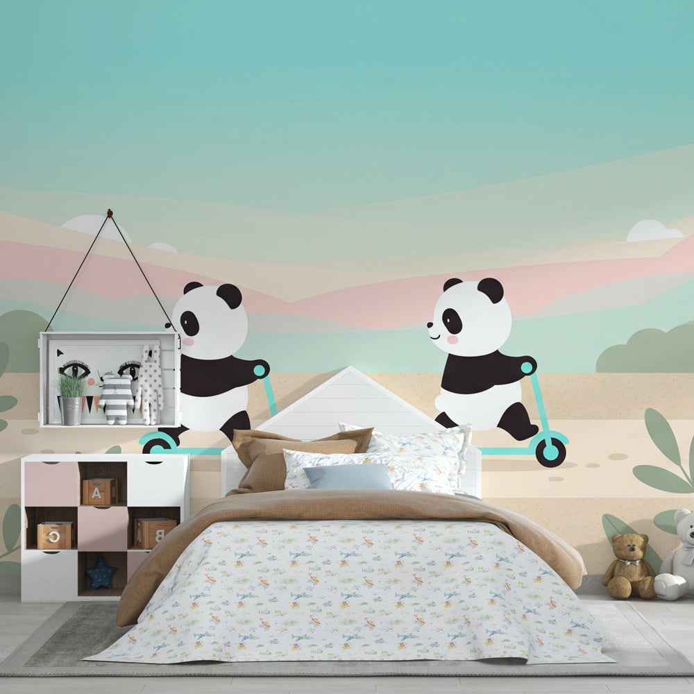 Playful panda wallpaper creating adventure theme in children's bedroom decor
