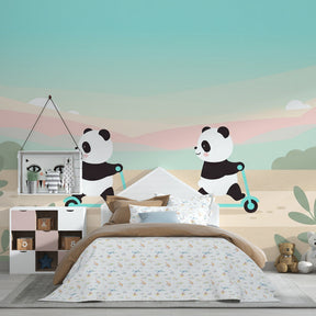Playful panda wallpaper creating adventure theme in children's bedroom decor