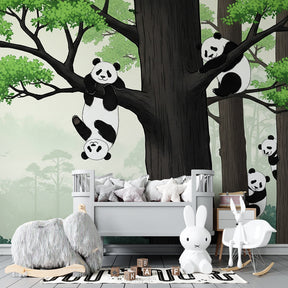 Playful panda forest wallpaper transforming children's bedroom into wildlife sanctuary