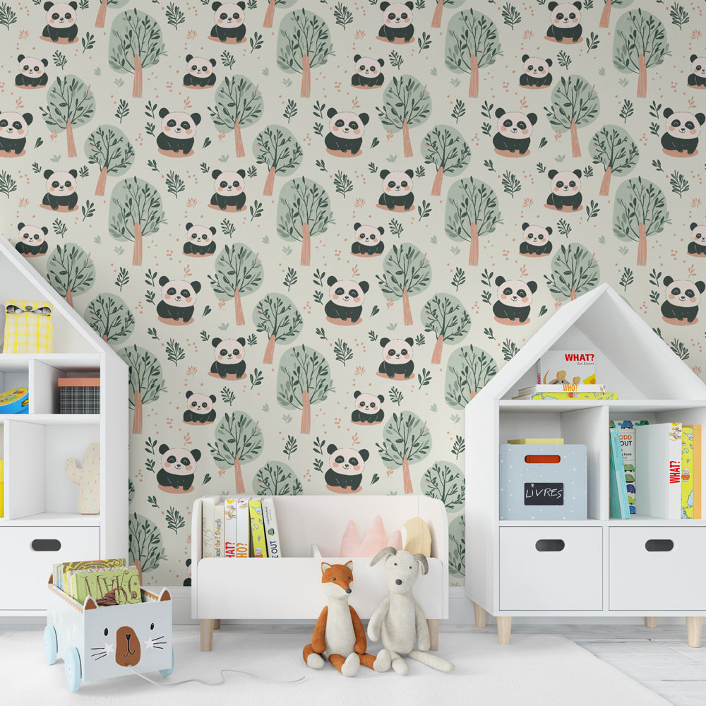 Whimsical panda mural wallpaper transforming children's bedroom into magical forest adventure space