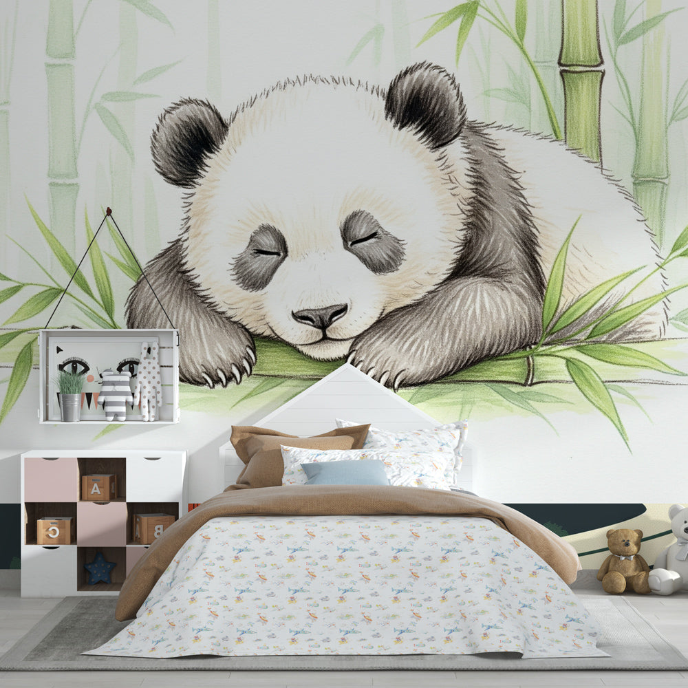 Nature-themed panda mural wallpaper transforming modern kids room interior