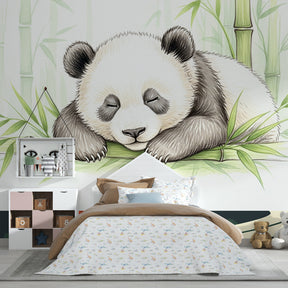 Nature-themed panda mural wallpaper transforming modern kids room interior