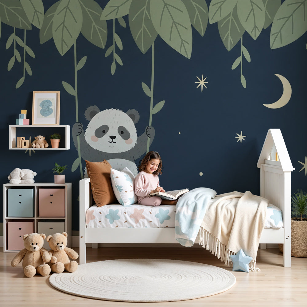 Panda night sky mural wallpaper in modern baby nursery with wooden crib by Kids-Mundo