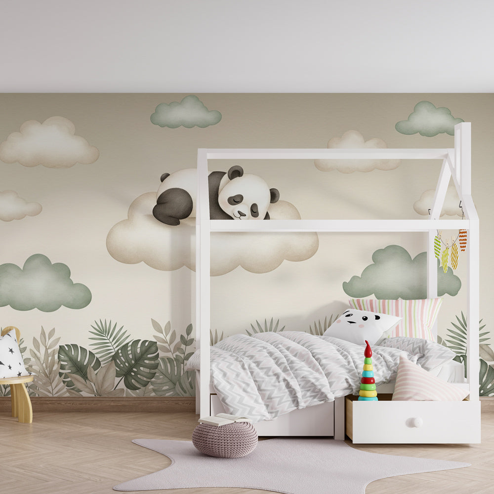 Gentle panda wallpaper with cloud motifs in cozy nursery reading corner by Kids-Mundo