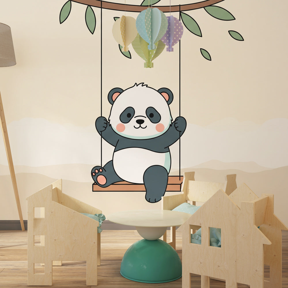Baby nursery featuring adorable panda swing mural wallpaper with natural wood furniture