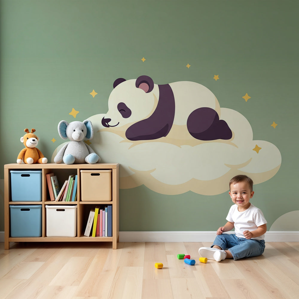 Panda cloud mural wallpaper in sage green nursery with natural wood crib by Kids-Mundo