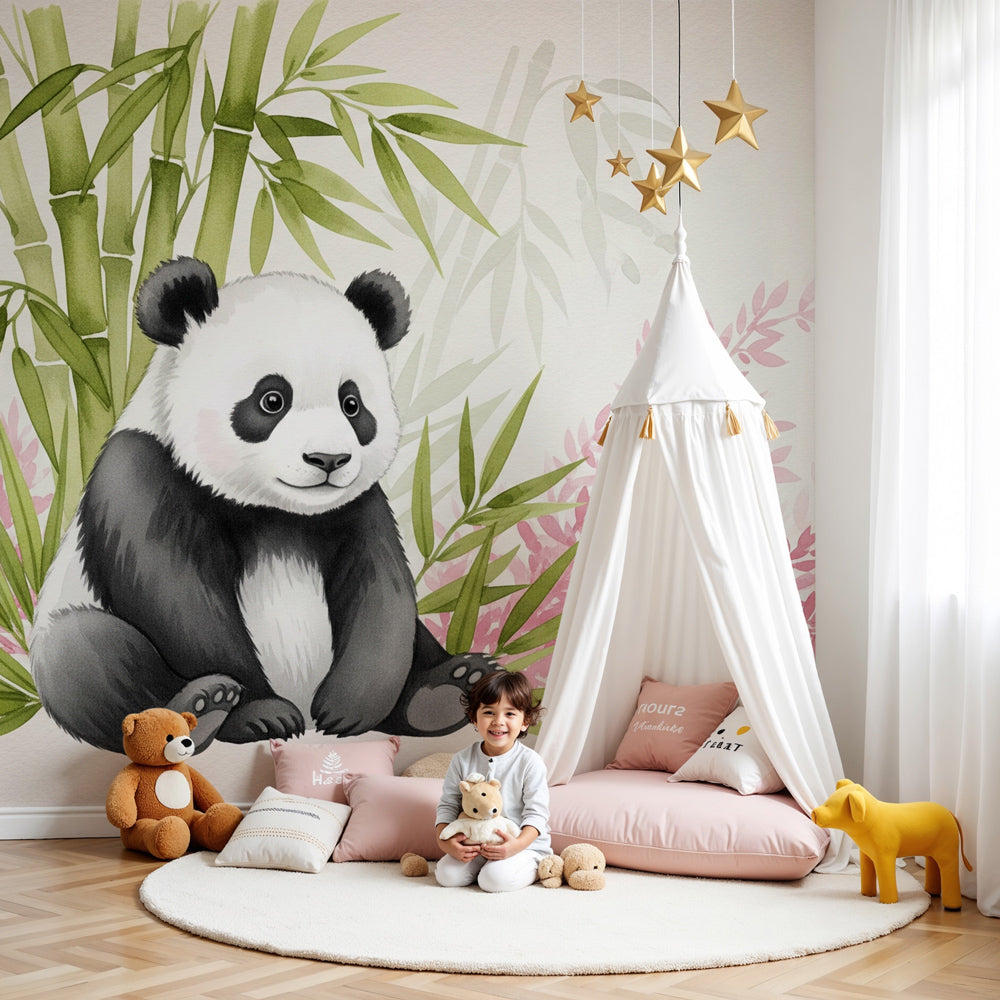 Panda bamboo mural wallpaper in modern nursery with natural wood furniture by Kids-Mundo