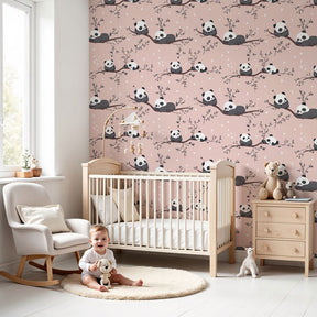 Panda mural wallpaper in modern nursery with playful bears on branches by Kids-Mundo