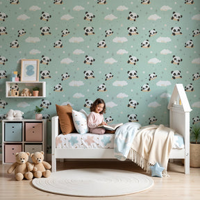 Panda mural wallpaper creating dreamy nursery atmosphere with floating pandas on clouds by Kids-Mundo