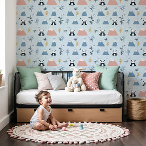 Cute panda mural wallpaper with colorful mountains in modern nursery by Kids-Mundo