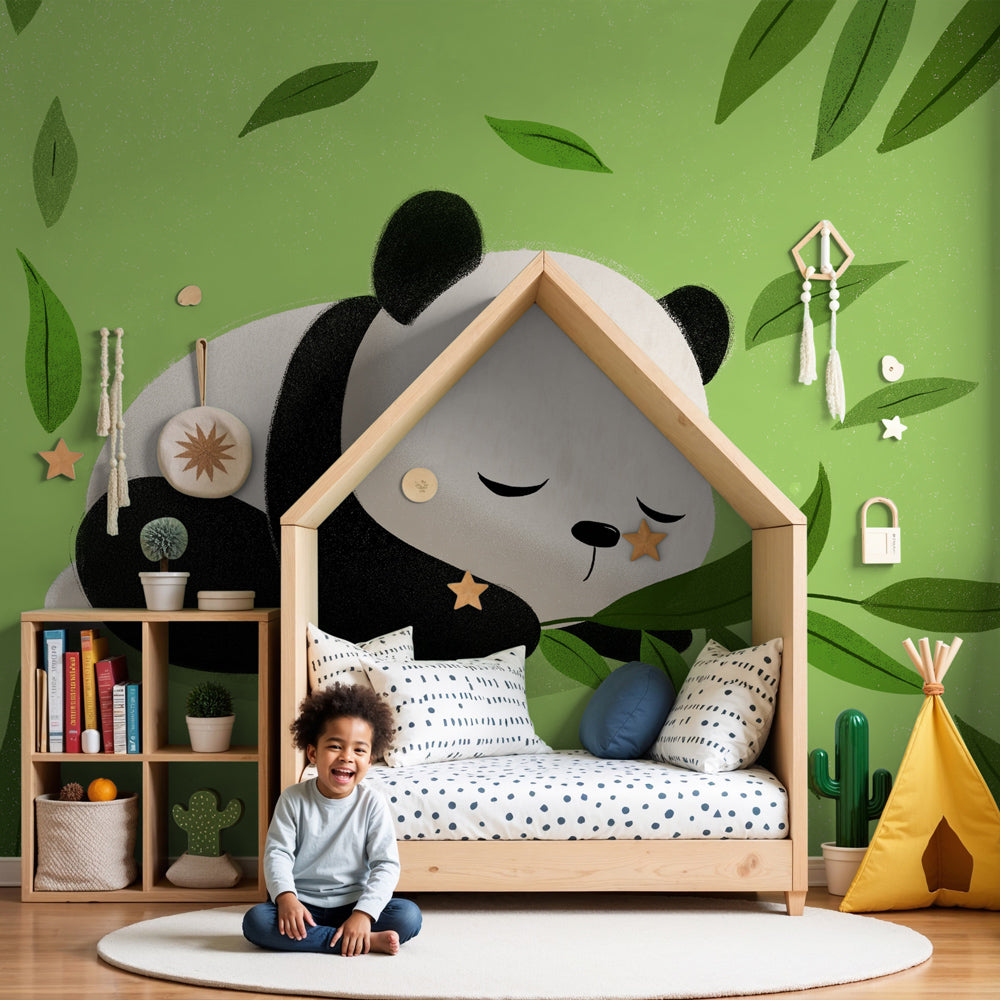 Cuddly panda mural wallpaper creating peaceful nursery decor with green leaves by Kids-Mundo