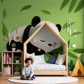 Cuddly panda mural wallpaper creating peaceful nursery decor with green leaves by Kids-Mundo