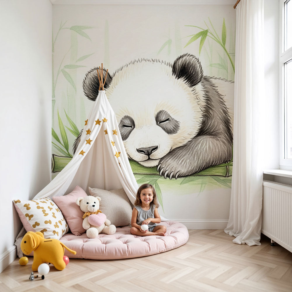 Sleeping baby panda mural wallpaper in peaceful nursery setting by Kids-Mundo