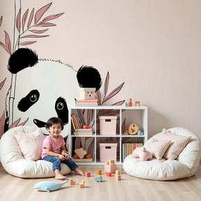 Cute panda mural wallpaper with soft foliage in peaceful nursery setting by Kids-Mundo
