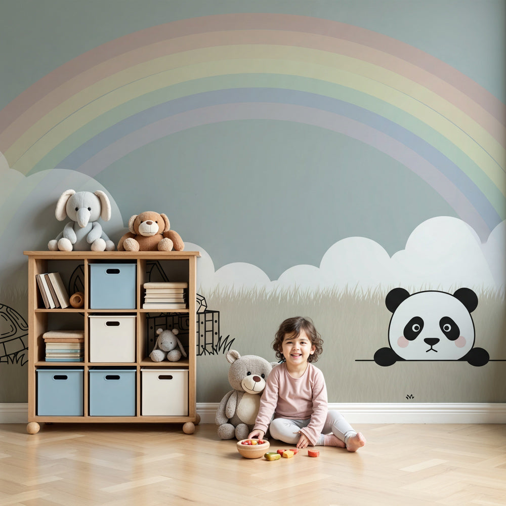 Panda mural wallpaper creating peaceful nursery atmosphere with rainbow and clouds by Kids-Mundo