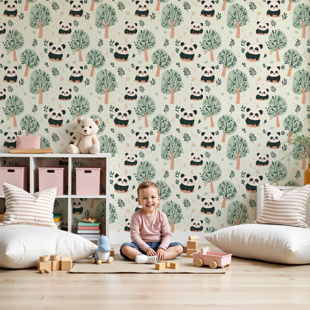 Panda forest mural wallpaper creating enchanted nursery decor with playful animal designs by Kids-Mundo