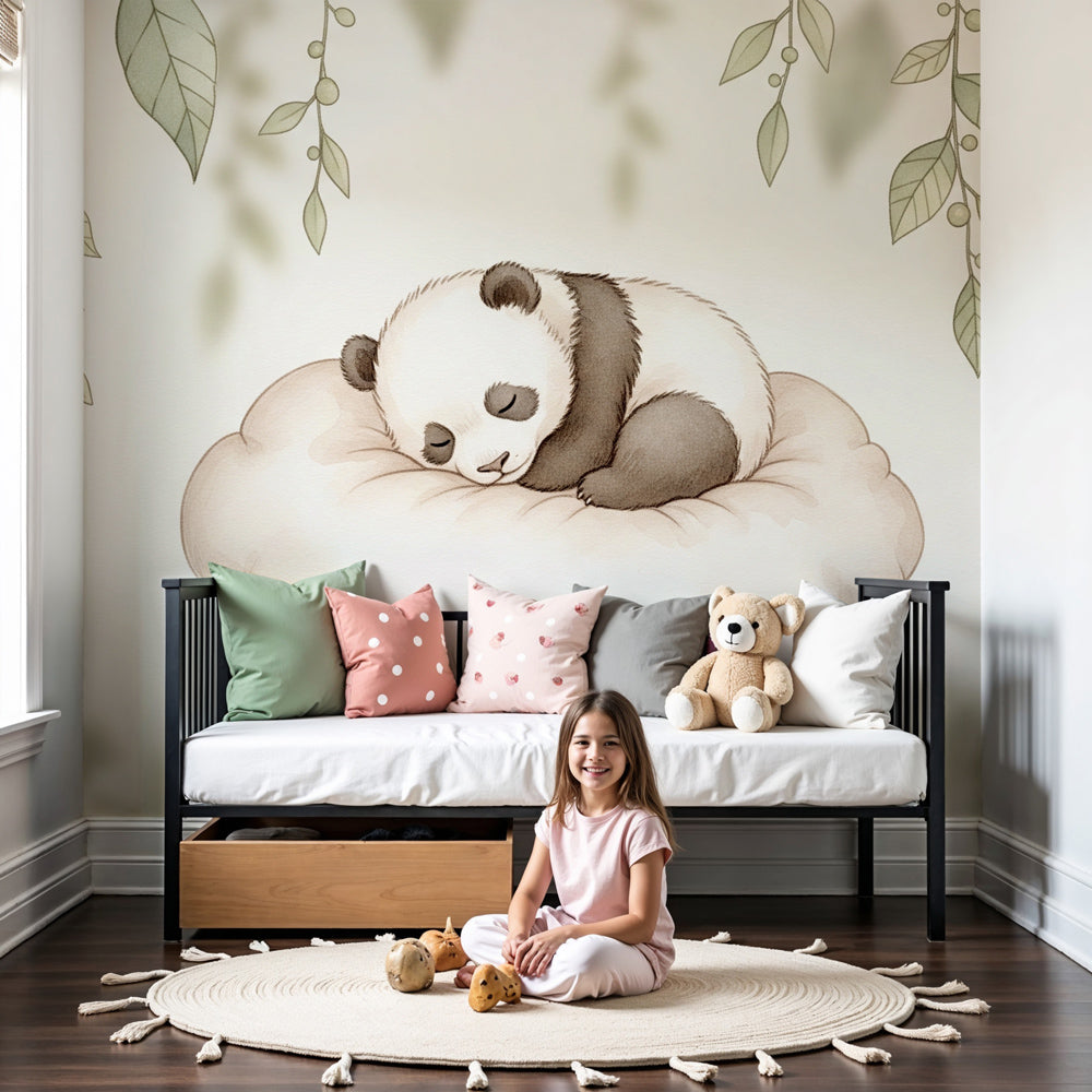 Sleeping panda cloud mural wallpaper in modern nursery with natural wood crib by Kids-Mundo