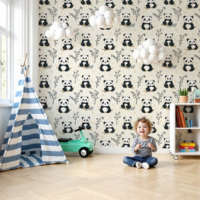 Panda mural wallpaper creating peaceful nursery decor with adorable animals and foliage by Kids-Mundo