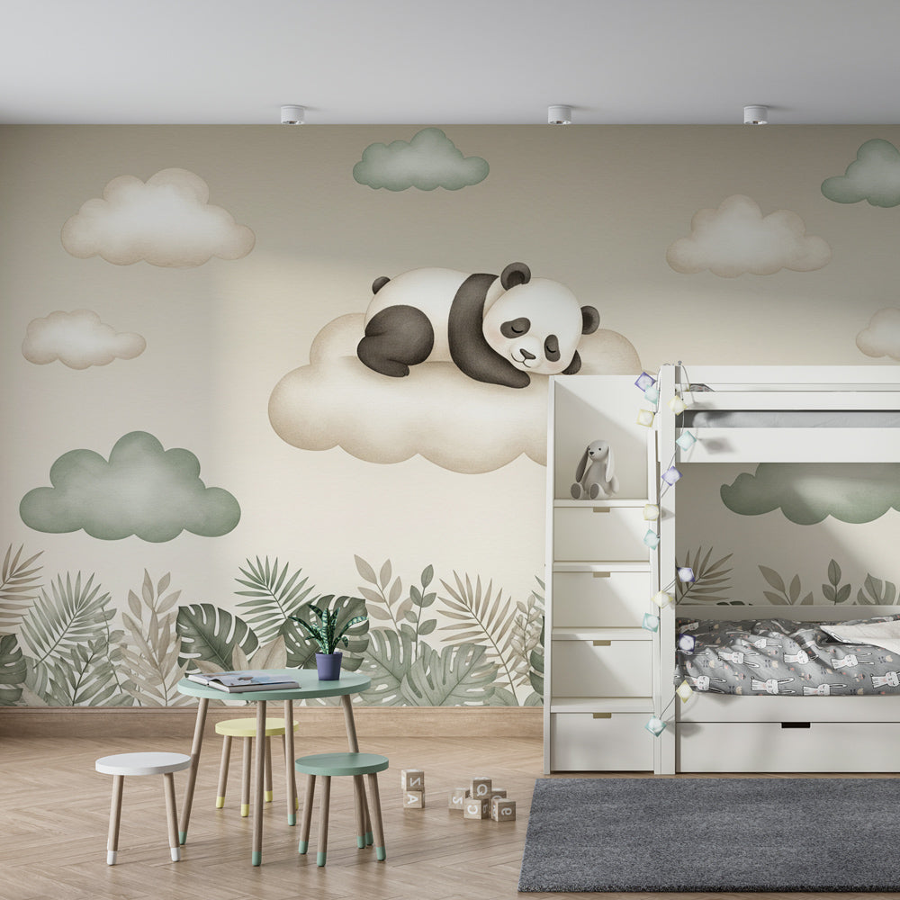 Panda cloud mural wallpaper creating calming atmosphere in children's bedroom decor