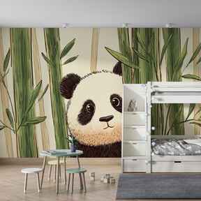 Nature theme panda mural wallpaper transforming children's playroom space