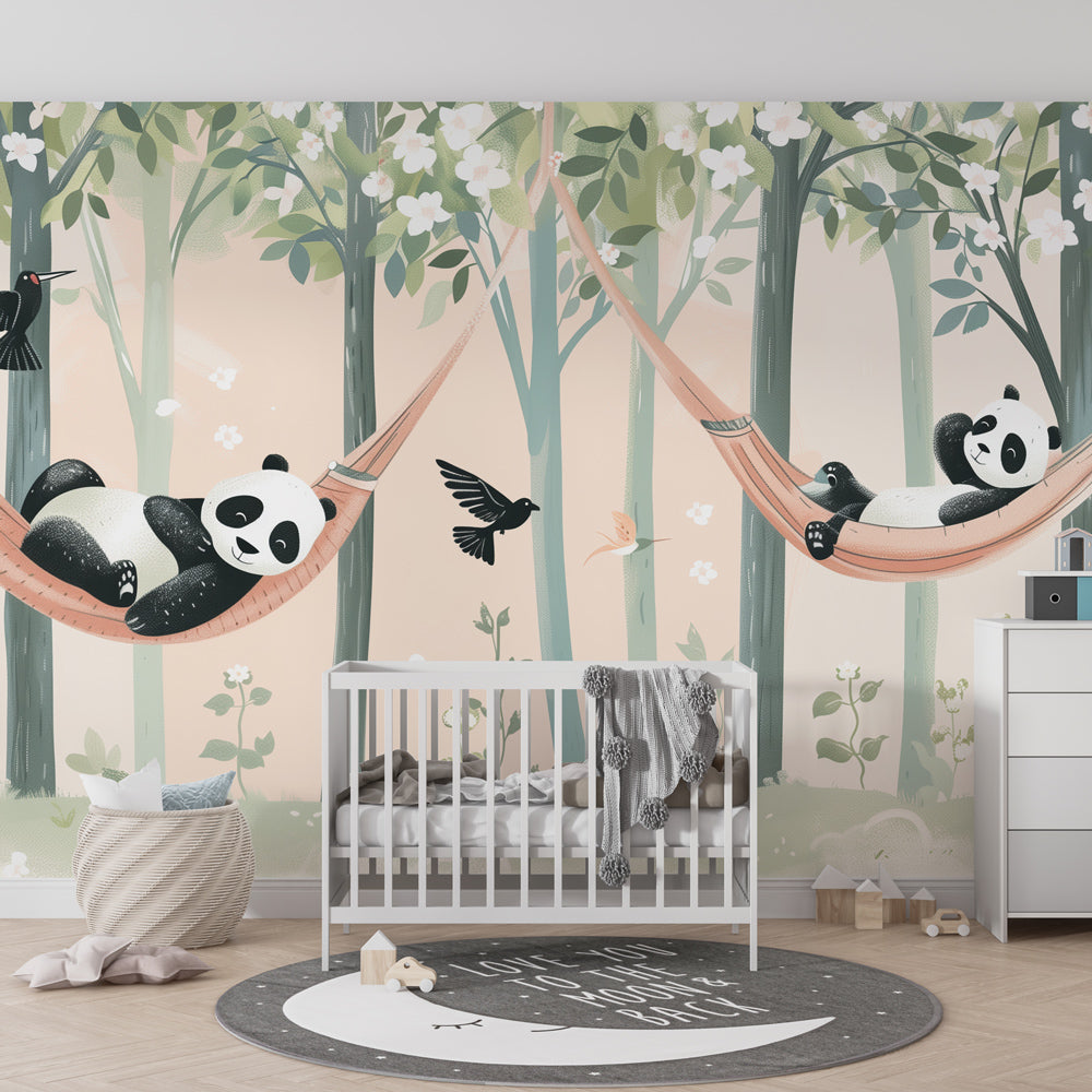 Colorful panda and forest mural wallpaper for children's playroom by Kids-Mundo